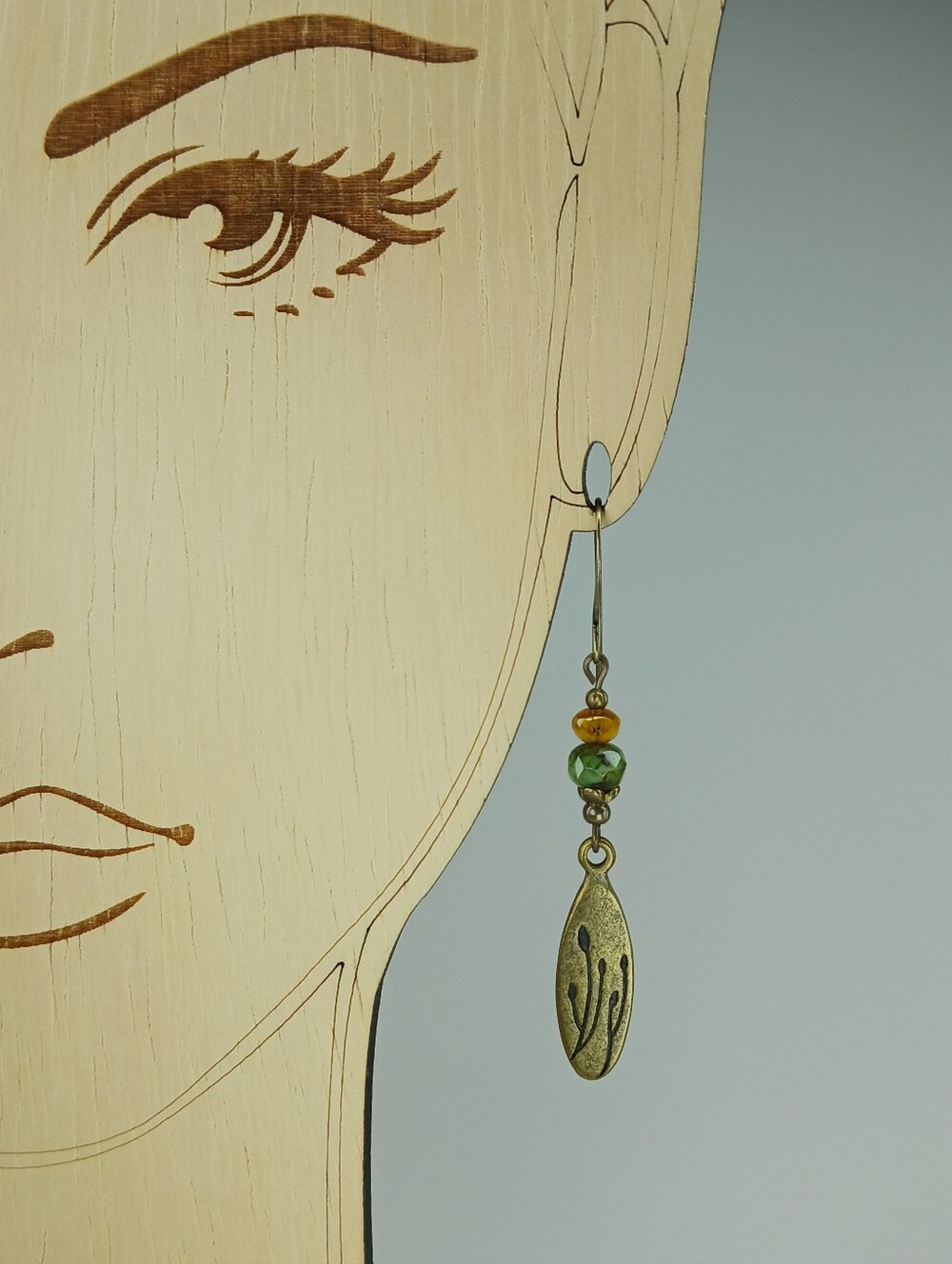 Botanical Brass Earrings Green Czech Glass Wildflower Artisan Hand Crafted - Picture 6 of 7